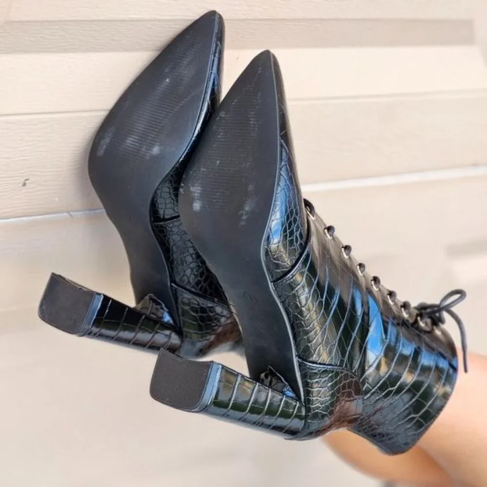 Women's Pointed Toe Chunky High‎ Heel Lace Up Boots Black Color - Picture 6 of 6
